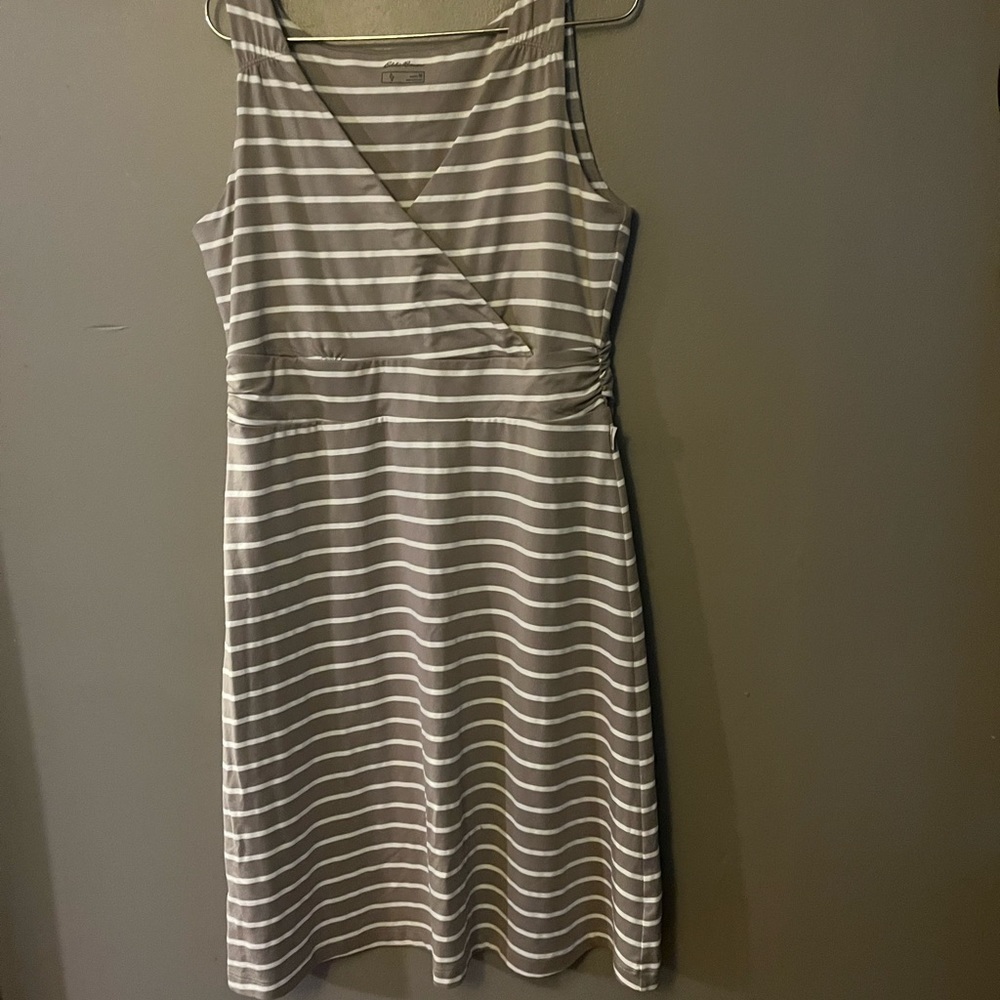 Eddie Bauer Taupe and White Striped Sleeveless Wrap Dress